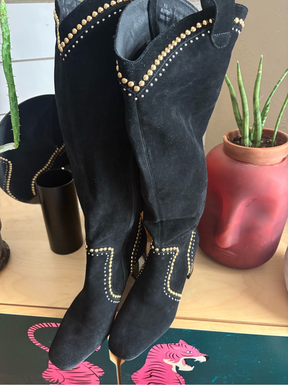 Free People / Jeffrey Campbell Black Suede Over-the-Knee Boots with Gold Studs